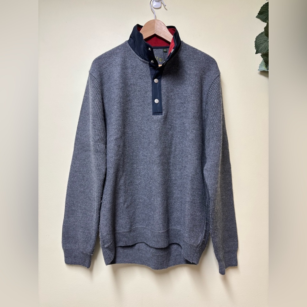 Orvis Sweater Mens Gray 100% Wool 1/4 Snap Long Sleeve Elbow Pads - medium